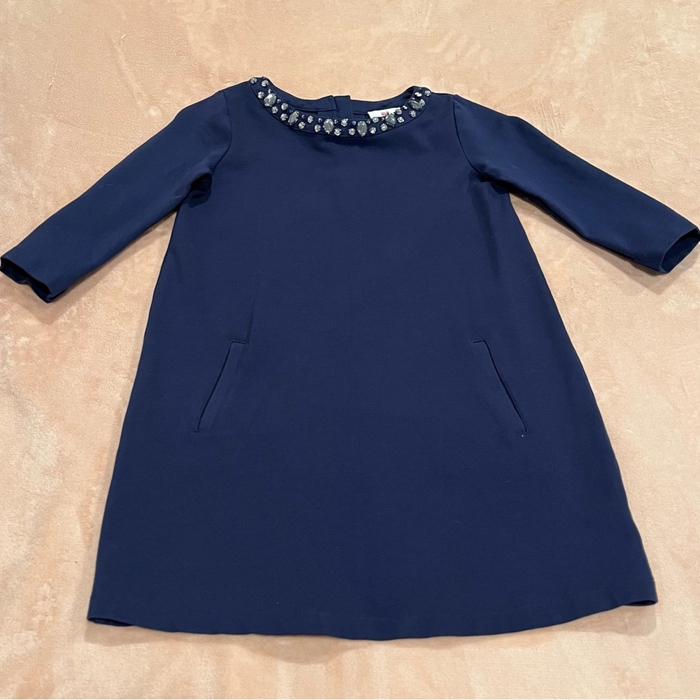 Vineyard Vines Girls Navy Blue Shift Dress with Crystal Embellished Neckline